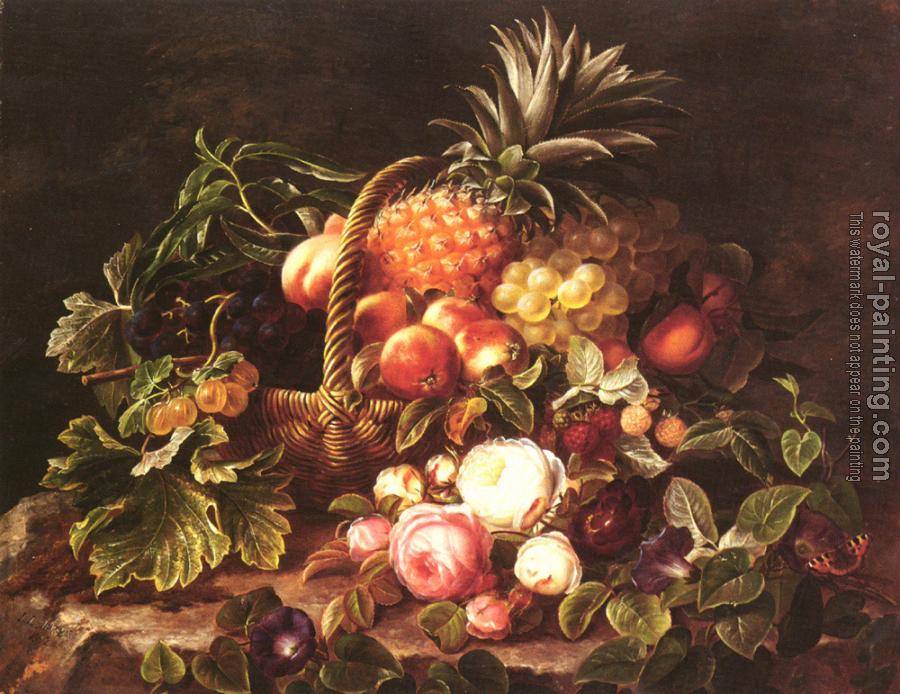 Johan Laurentz Jensen : A Still Life Of A Basket Of Fruit And Roses